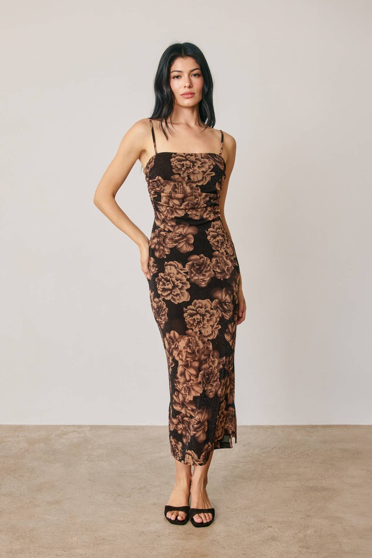Metallic Floral Ruched Midi Dress