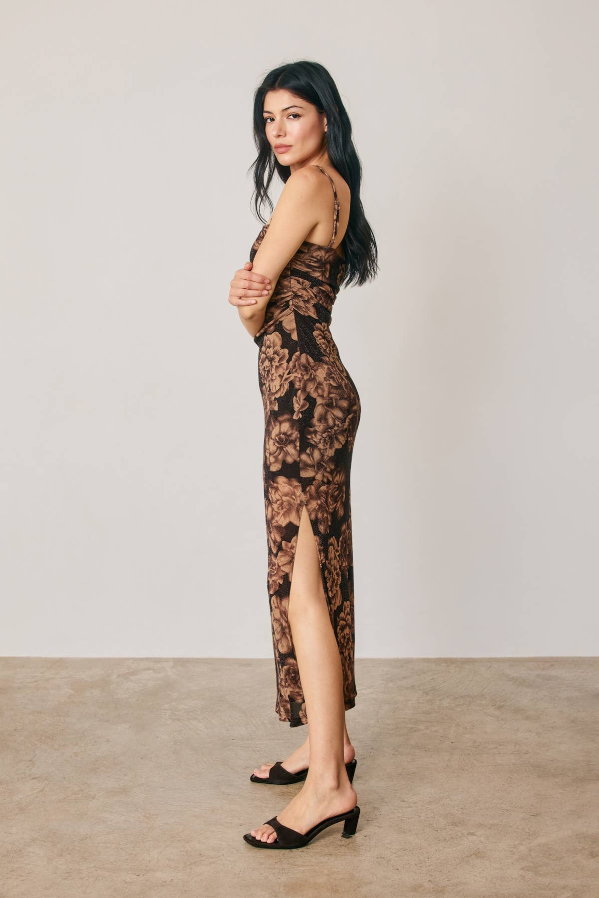 Metallic Floral Ruched Midi Dress