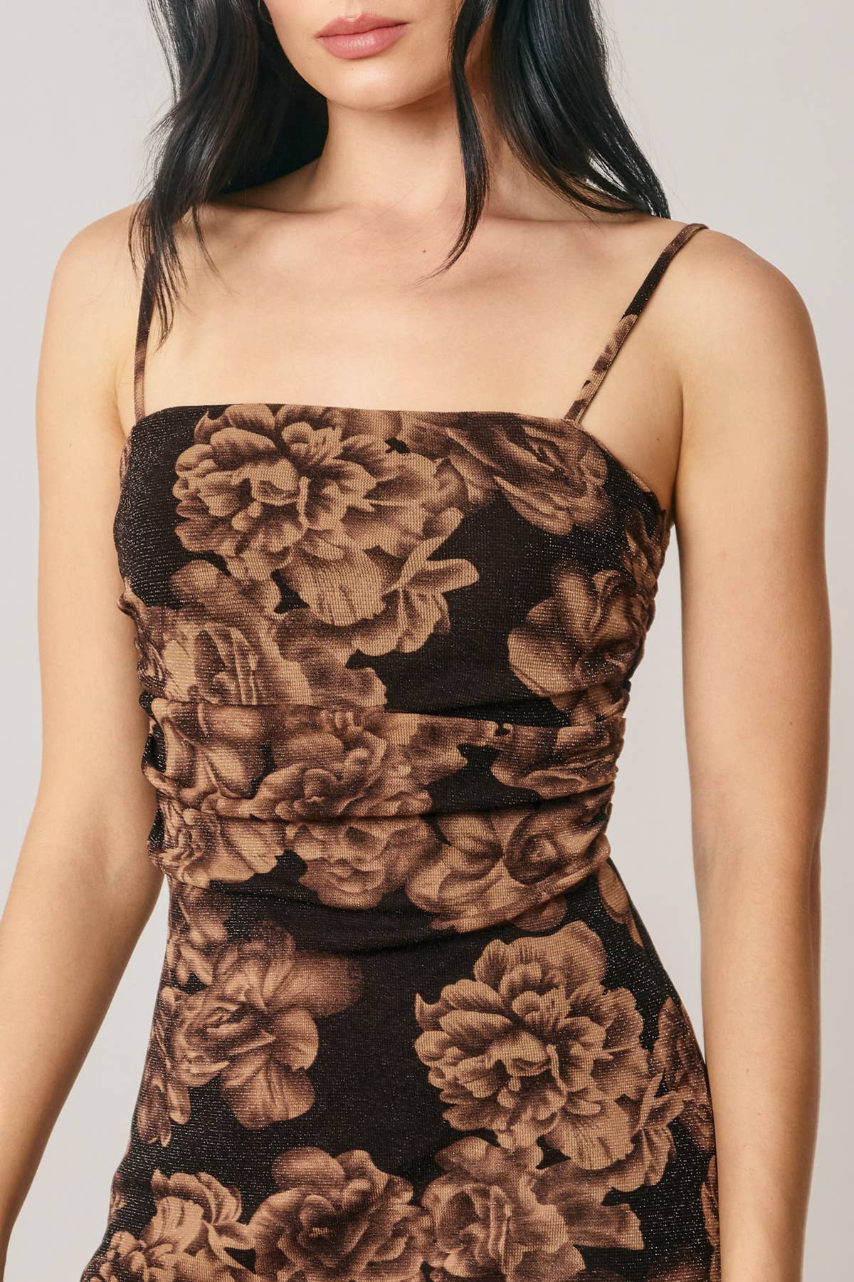 Metallic Floral Ruched Midi Dress