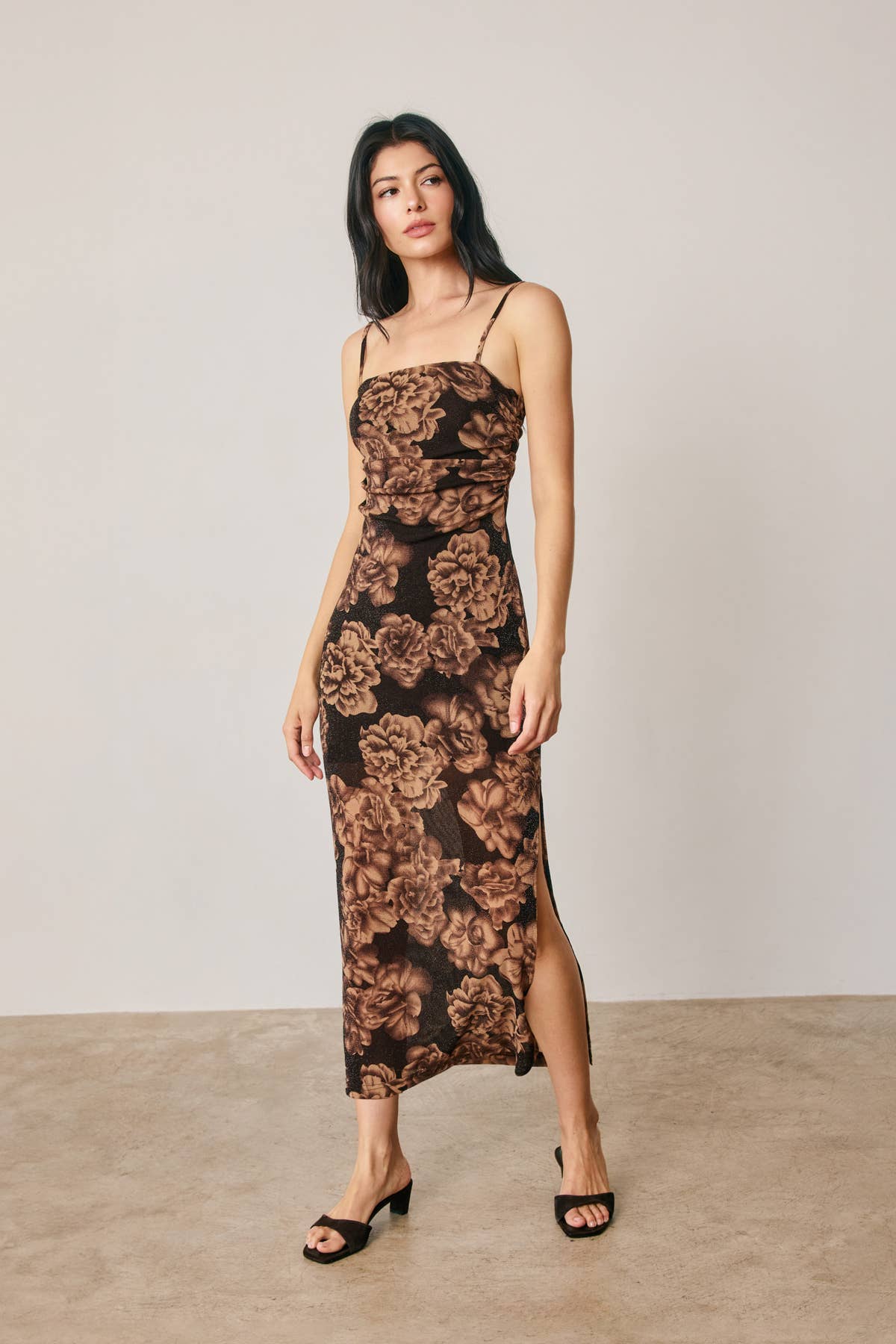 Metallic Floral Ruched Midi Dress