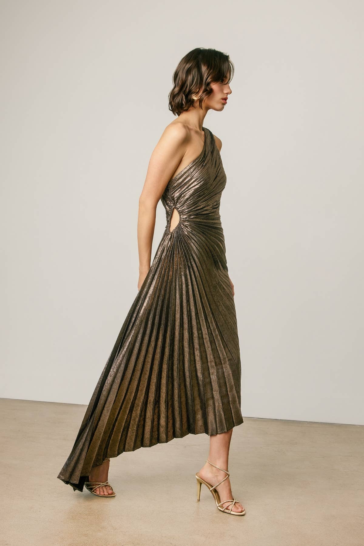 Olympia Pleated One Shoulder Dress in Bronze Metallic
