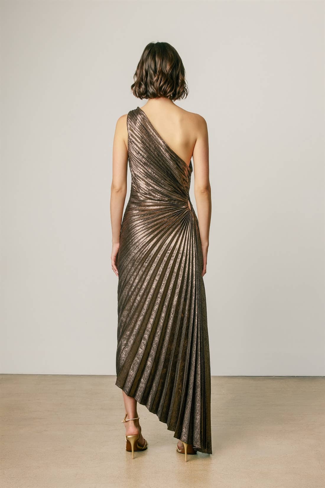 Olympia Pleated One Shoulder Dress in Bronze Metallic