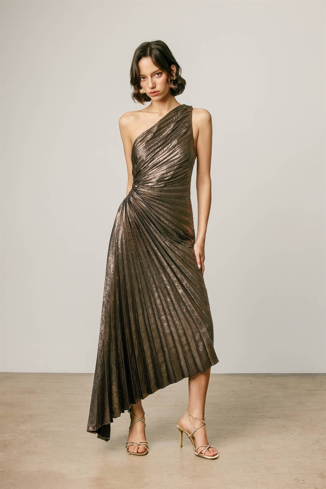 Olympia Pleated One Shoulder Dress in Bronze Metallic