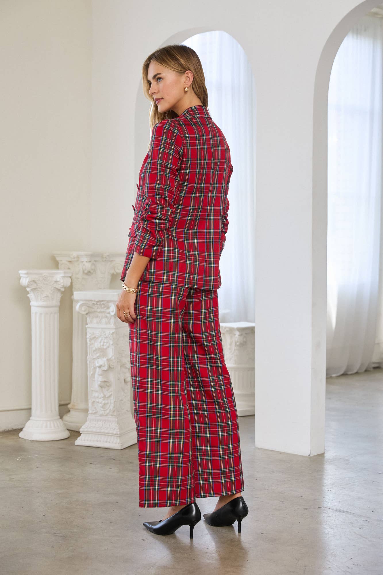 Tartan Check Double-Breasted Blazer in Red