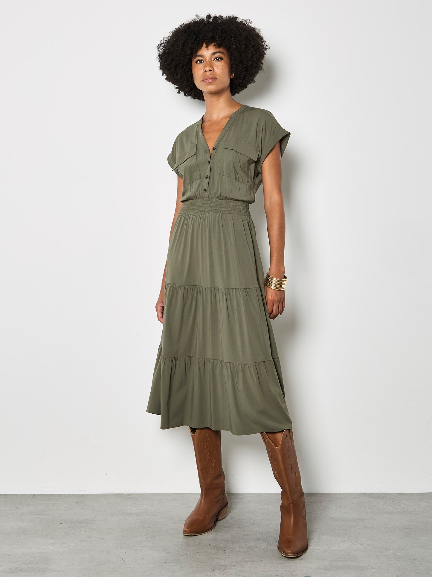 olive green spring dress SELENA Long Dress Goddess Olive Green Maxi Open Back Cotton AJJAYA